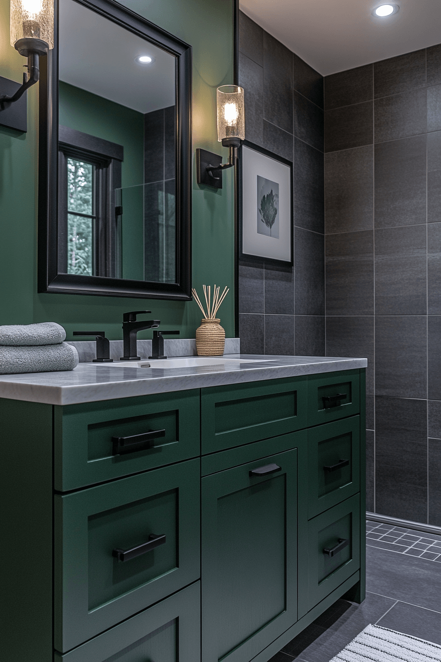18 Grounded Black With Sage Glow - sage green and black bathroom design inspiration
