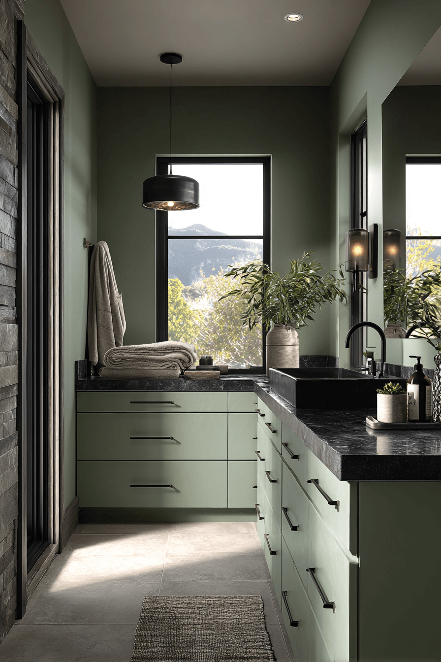 20 Velvet Sage Stone Noir Bath - sage green and black bathroom design inspiration