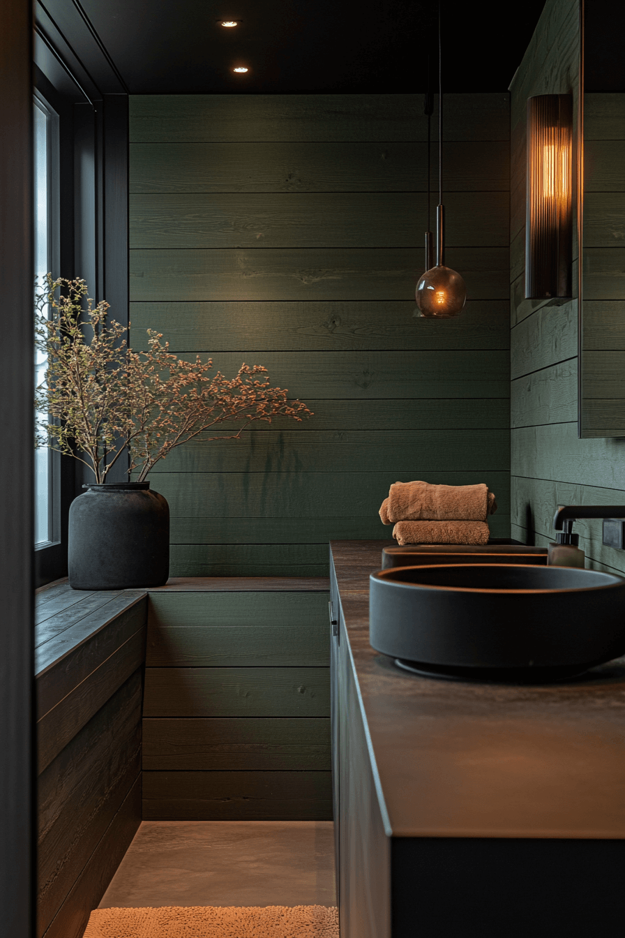 21 High Impact Sage Statement - sage green and black bathroom design inspiration