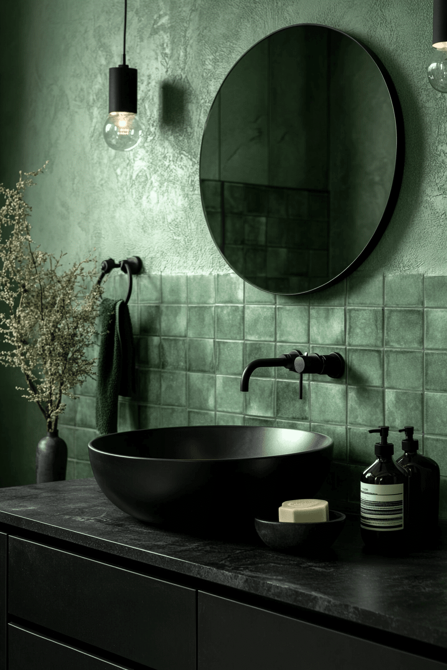 23 Shadowed Sage Modern Bath - sage green and black bathroom design inspiration