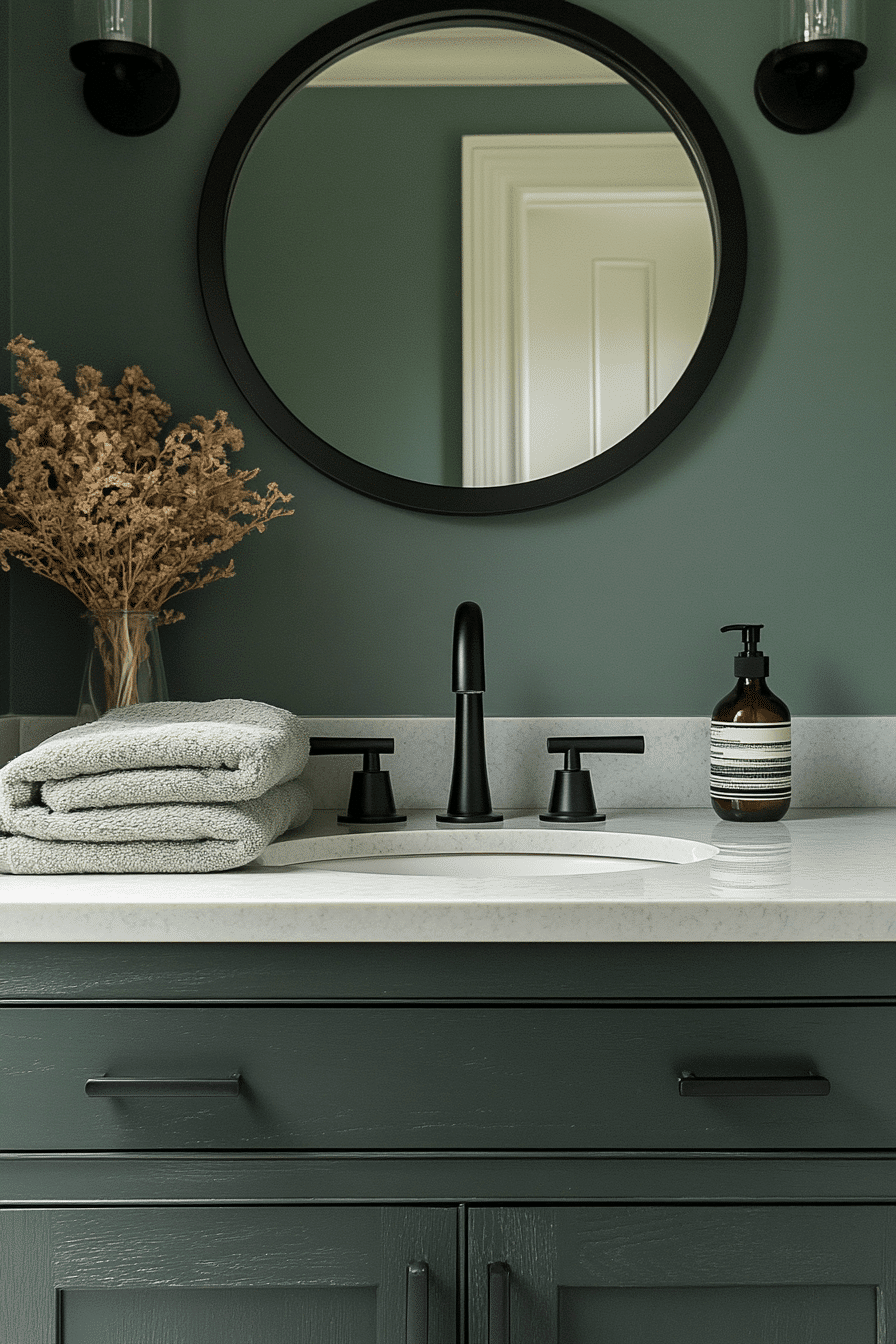 7 Streamlined Sage Powder Space - sage green and black bathroom design inspiration