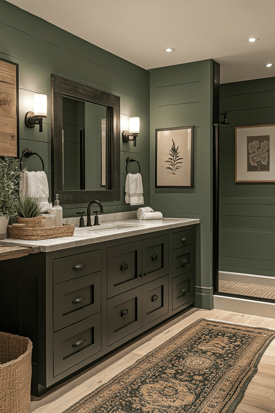 8 Deep Green Black Haven - sage green and black bathroom design inspiration