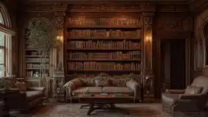 antique bookshelf filled with leather-bound books and vintage decor