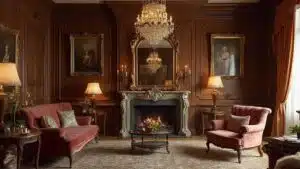 antique interior with gilded mirrors crystal chandelier and velvet furniture