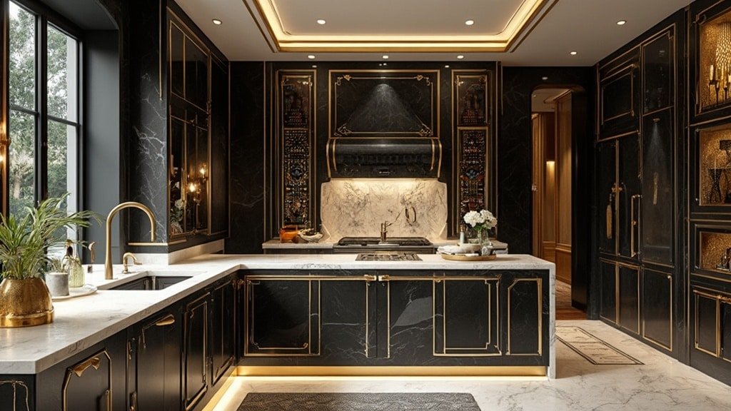 Neo Deco kitchen with geometric patterns, gold metallic accents, and marble countertops