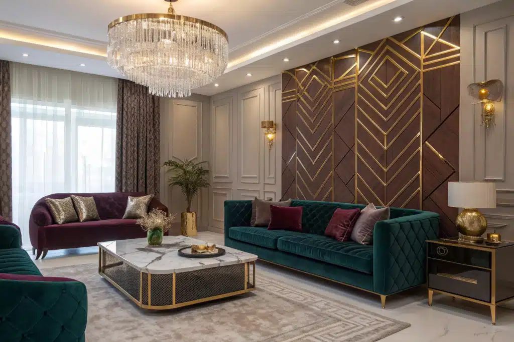 Neo Deco living room with luxurious velvet furniture and gold metallic accents