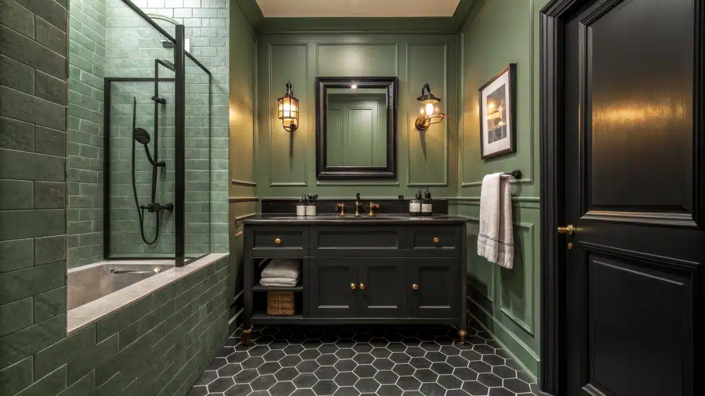 sage green and black bathroom