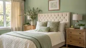 sage green and cream bedroom