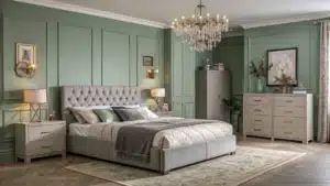 sage green and grey bedroom