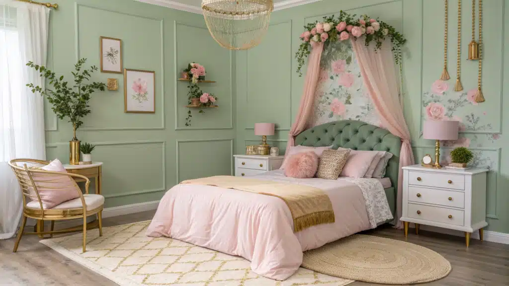 sage green and pink bedroom