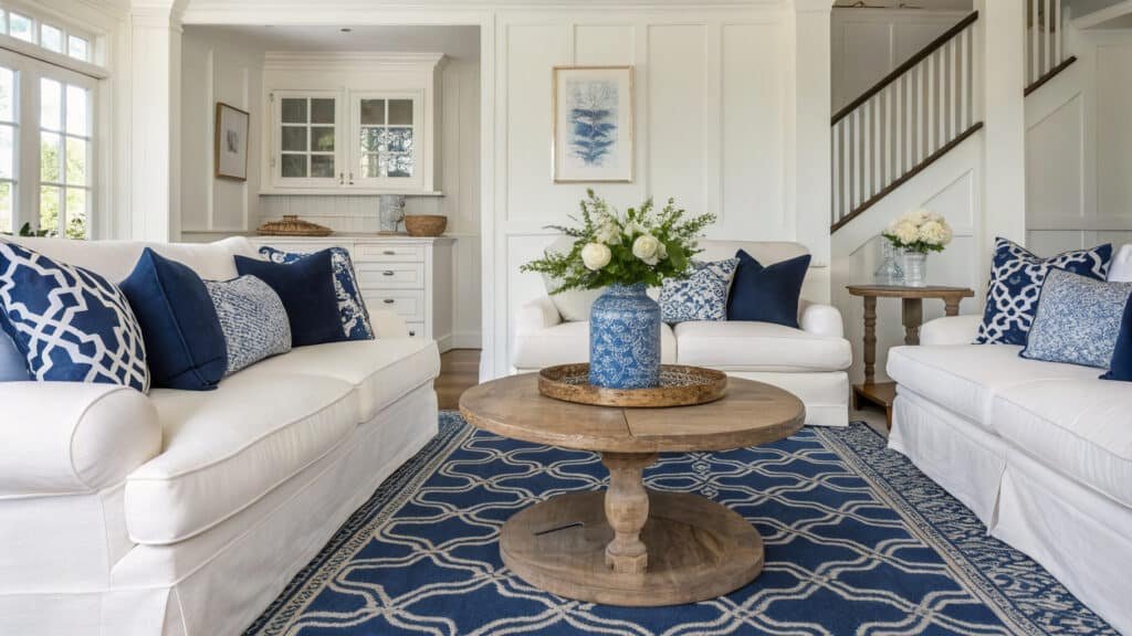 blue and white living room