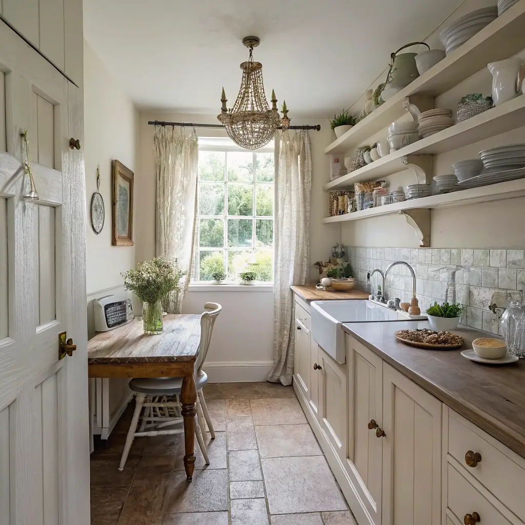Photorealistic shabby chic galley kitchen with two-tone cabinets, pine table, open shelves, and soft mid-morning light through a linen-curtained window.