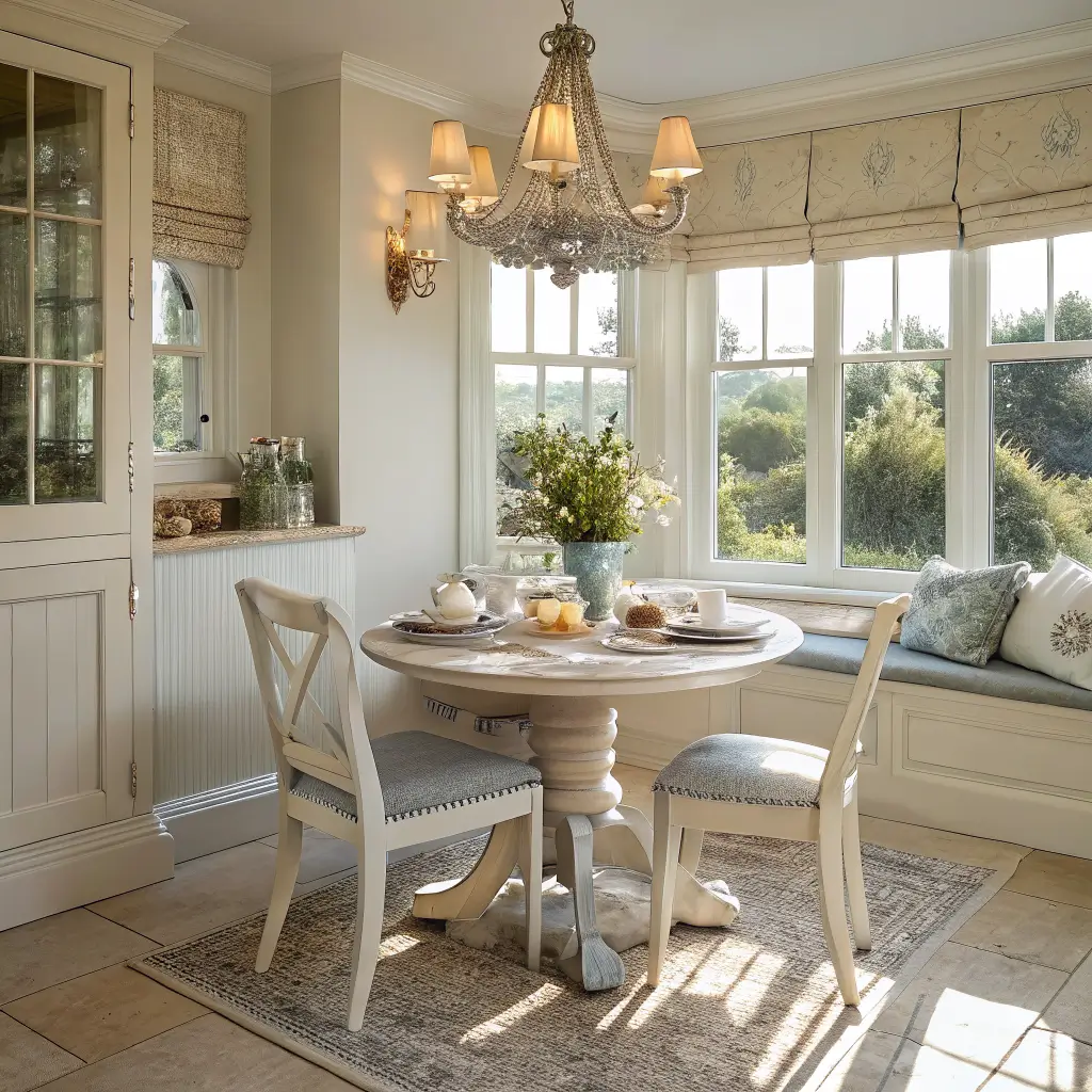 Photorealistic shabby chic kitchen breakfast nook with round pine table by bay window, mismatched chalk-painted chairs, low crystal chandelier, cosmos flowers, and warm golden-hour light.