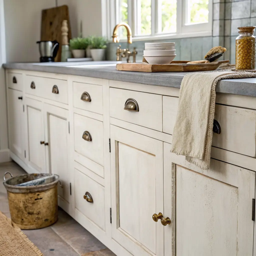 Close-up of distressed Old White chalk-painted Shaker cabinet doors with aged brass pulls, paint tin and brush on linen, and a butcher block counter with copper pan in soft morning light.