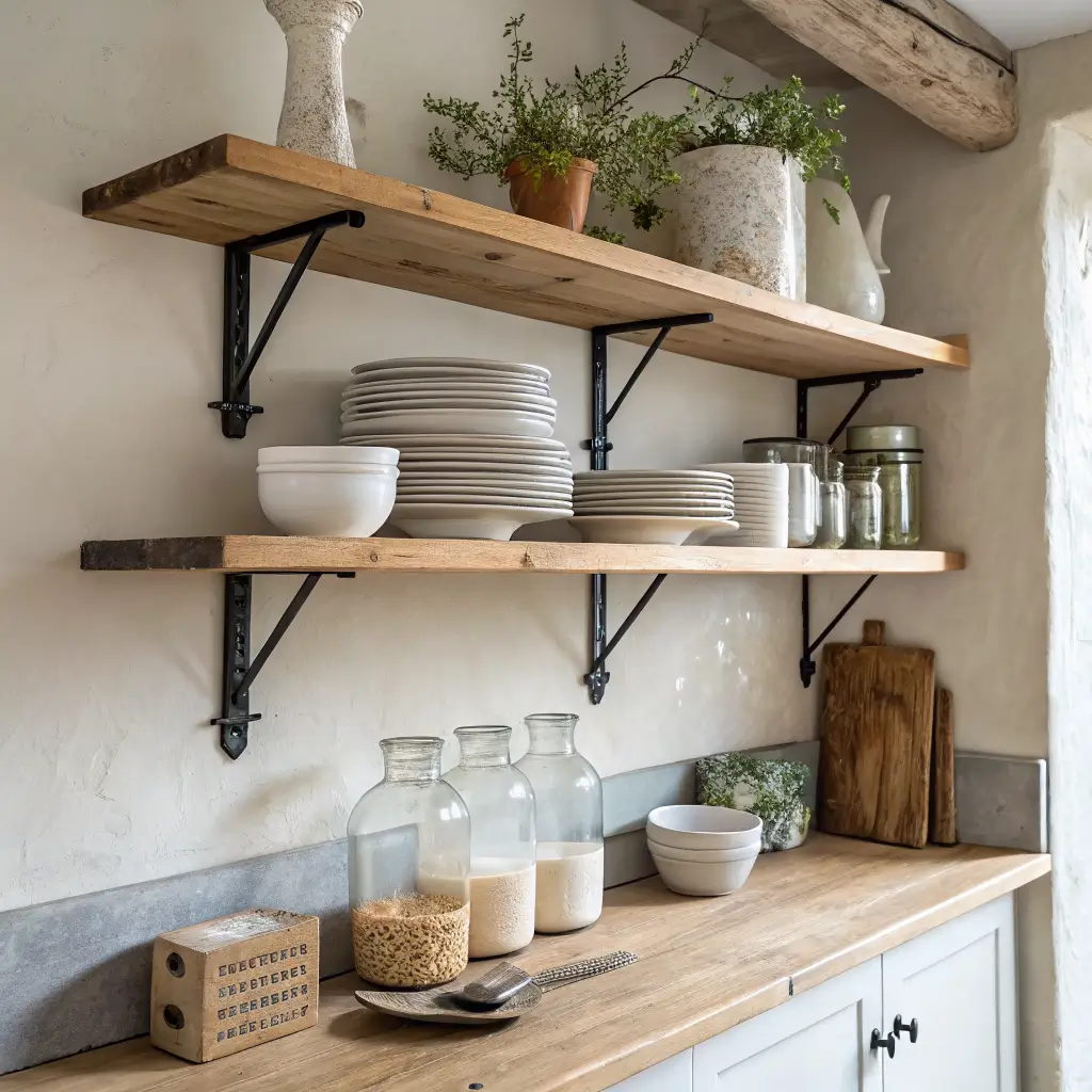 Photorealistic shabby chic kitchen vignette with two raw pine open shelves on black brackets holding ironstone plates, a glass pitcher with rosemary, apothecary jars, a small bowl, and a spoon crock in soft late-morning light.