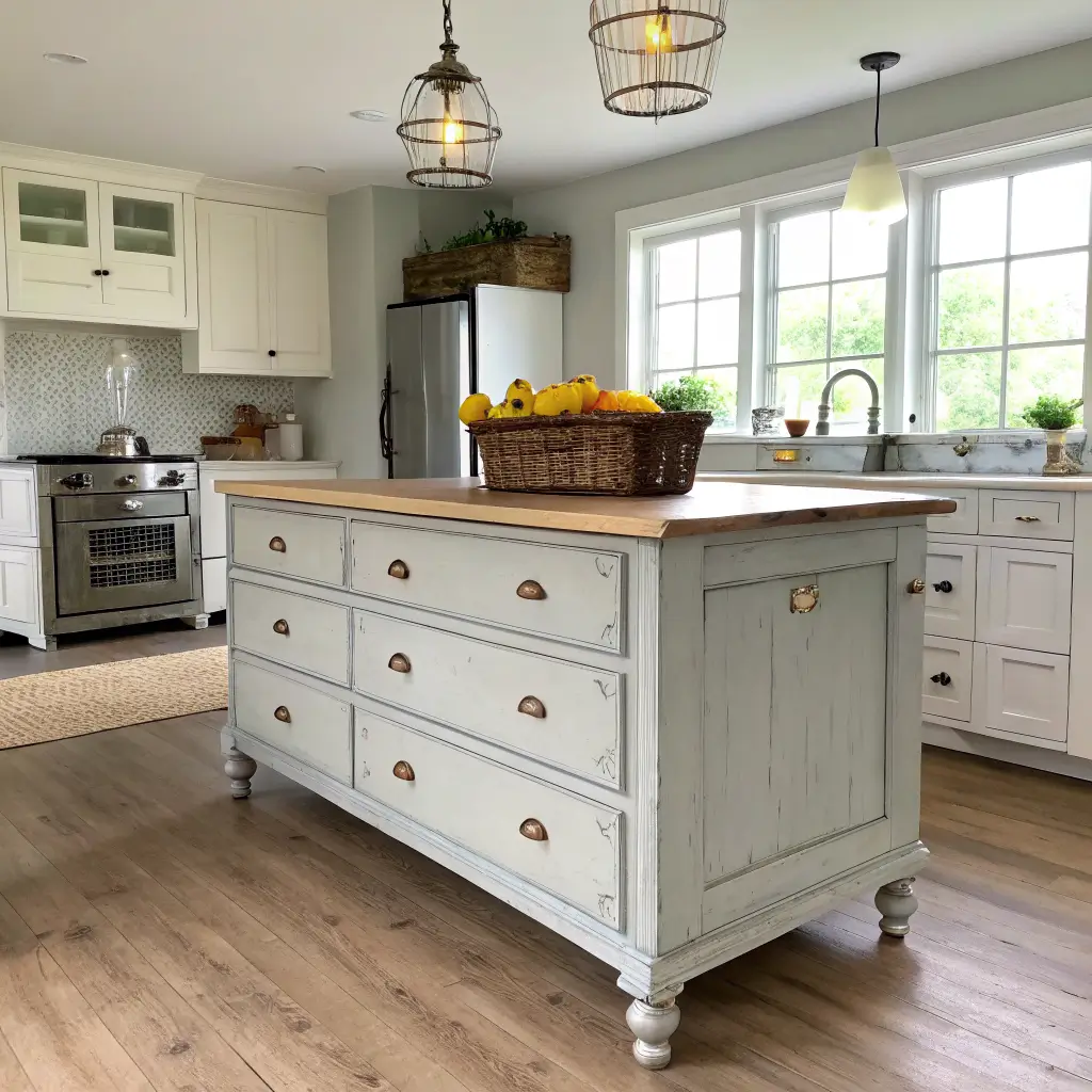 Photorealistic shabby chic kitchen with a dove grey vintage chest-of-drawers island topped with pine and a basket of lemons, cream cabinets, oak floors, and a small pendant lit by bright midday windows.