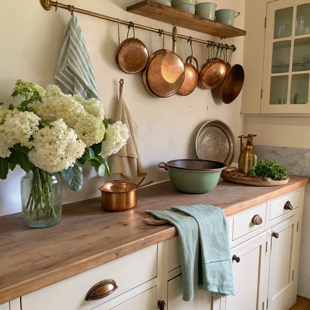 Photorealistic shabby chic kitchen still life with copper saucepan, ironstone bowls, dried hydrangeas in pressed-glass vase, sage linen towel, and brass candlestick in warm afternoon window light.