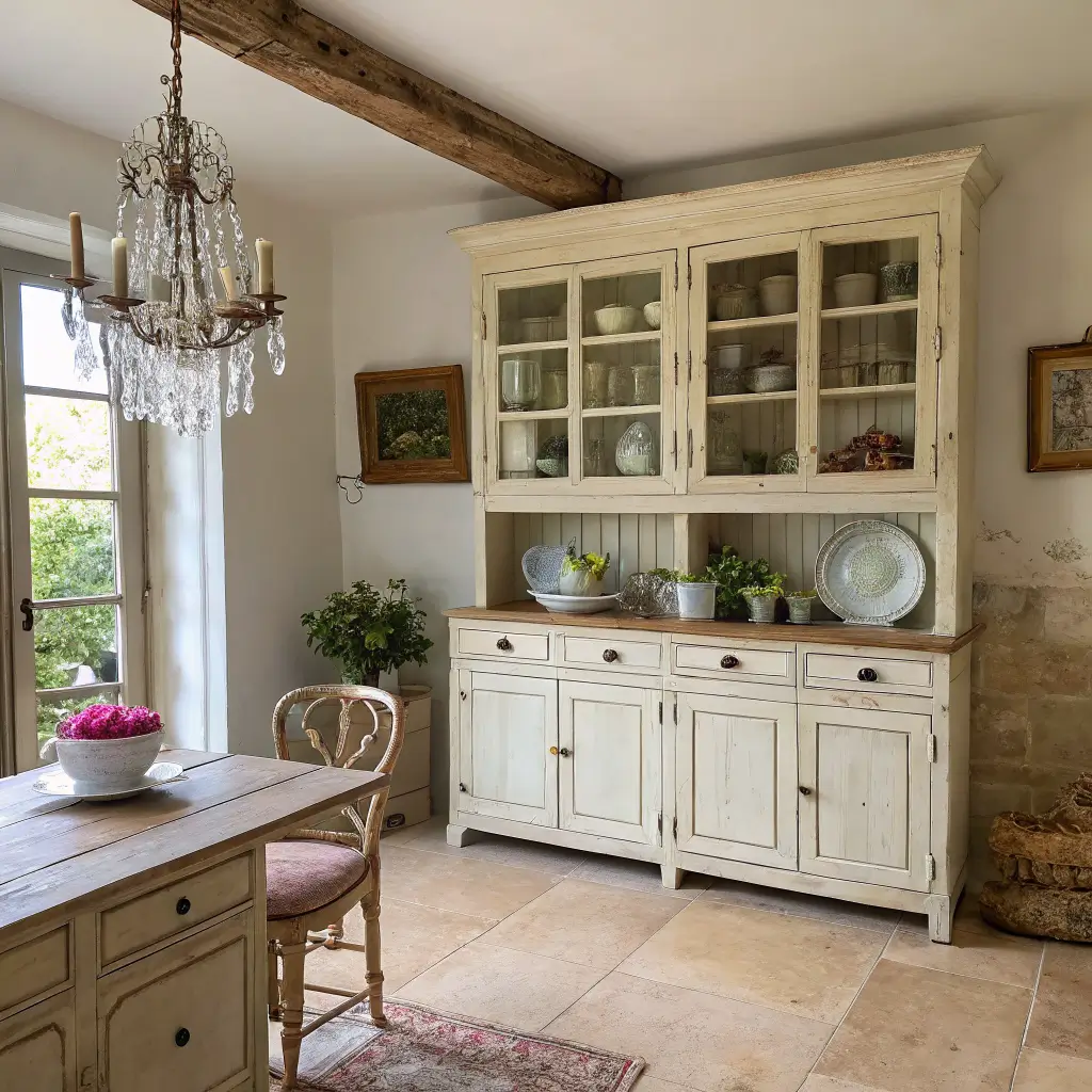 Overhead-angled photo of a shabby chic kitchen with a cream chalk-washed French oak hutch of ironstone, farmhouse table under a crystal chandelier, in soft late morning light.