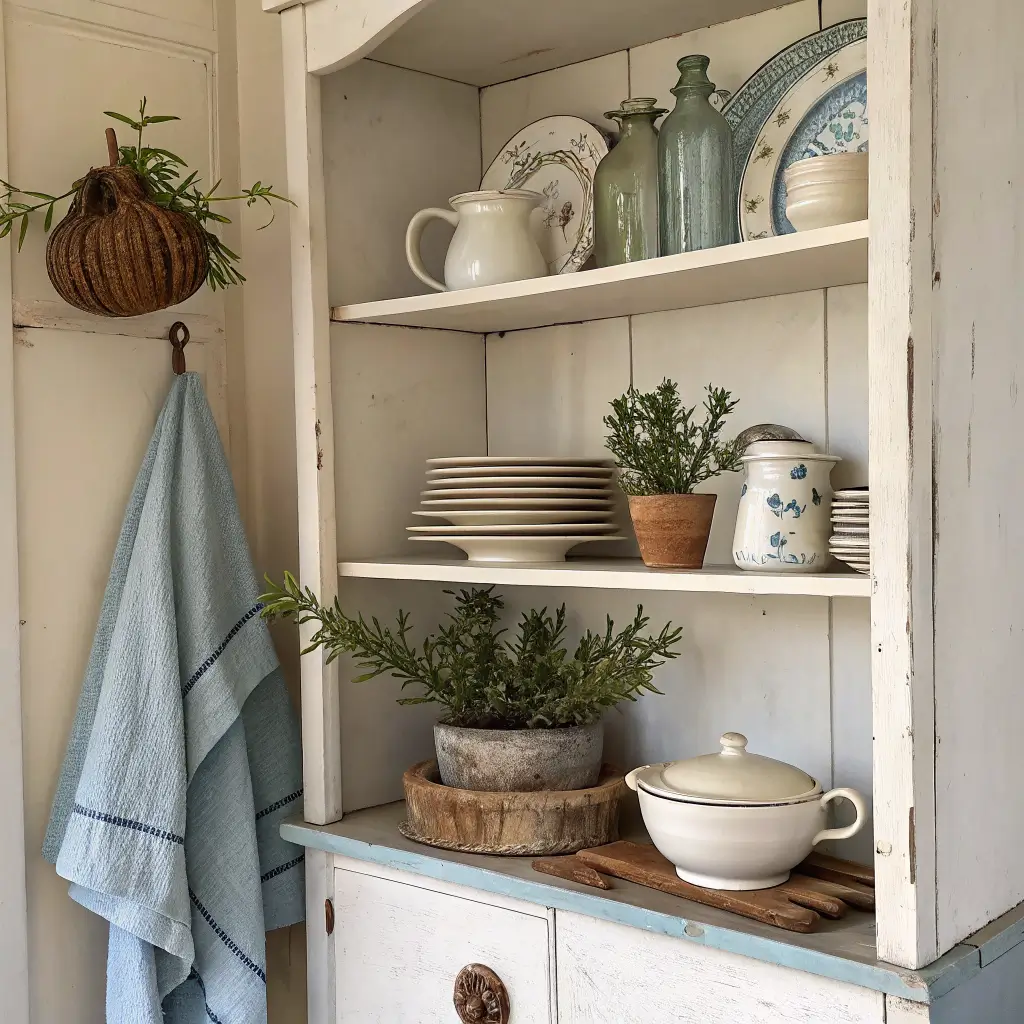 Photorealistic small kitchen corner with a sparse open shelf holding cream plates, an ironstone tureen, and a rosemary bud vase above a lightly worn chalk-painted cabinet, accented by a smoky blue tea towel in bright diffused midday light.