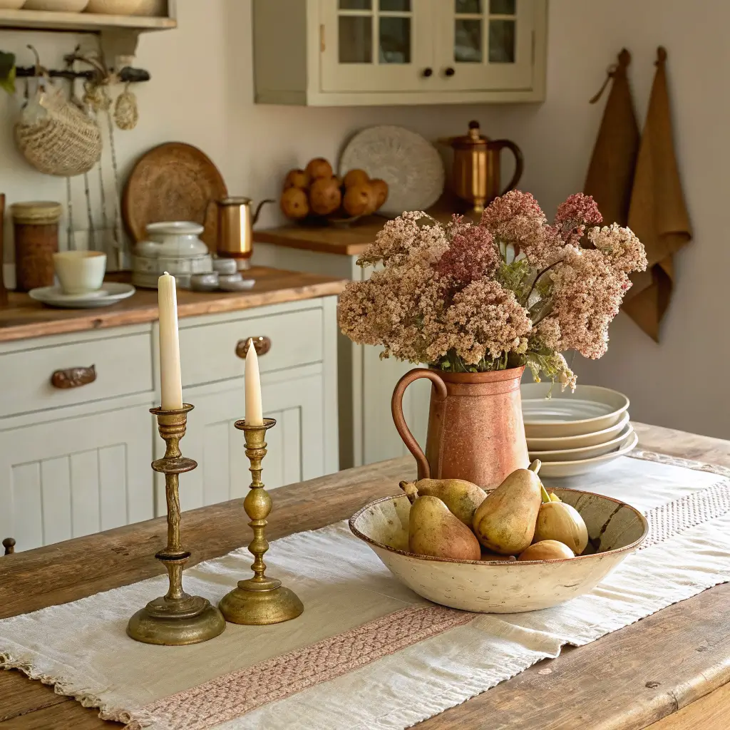 Autumn shabby chic kitchen vignette with dried hydrangeas in a copper jug, brass candlesticks, and russet pears on a pine table in warm golden-hour light.