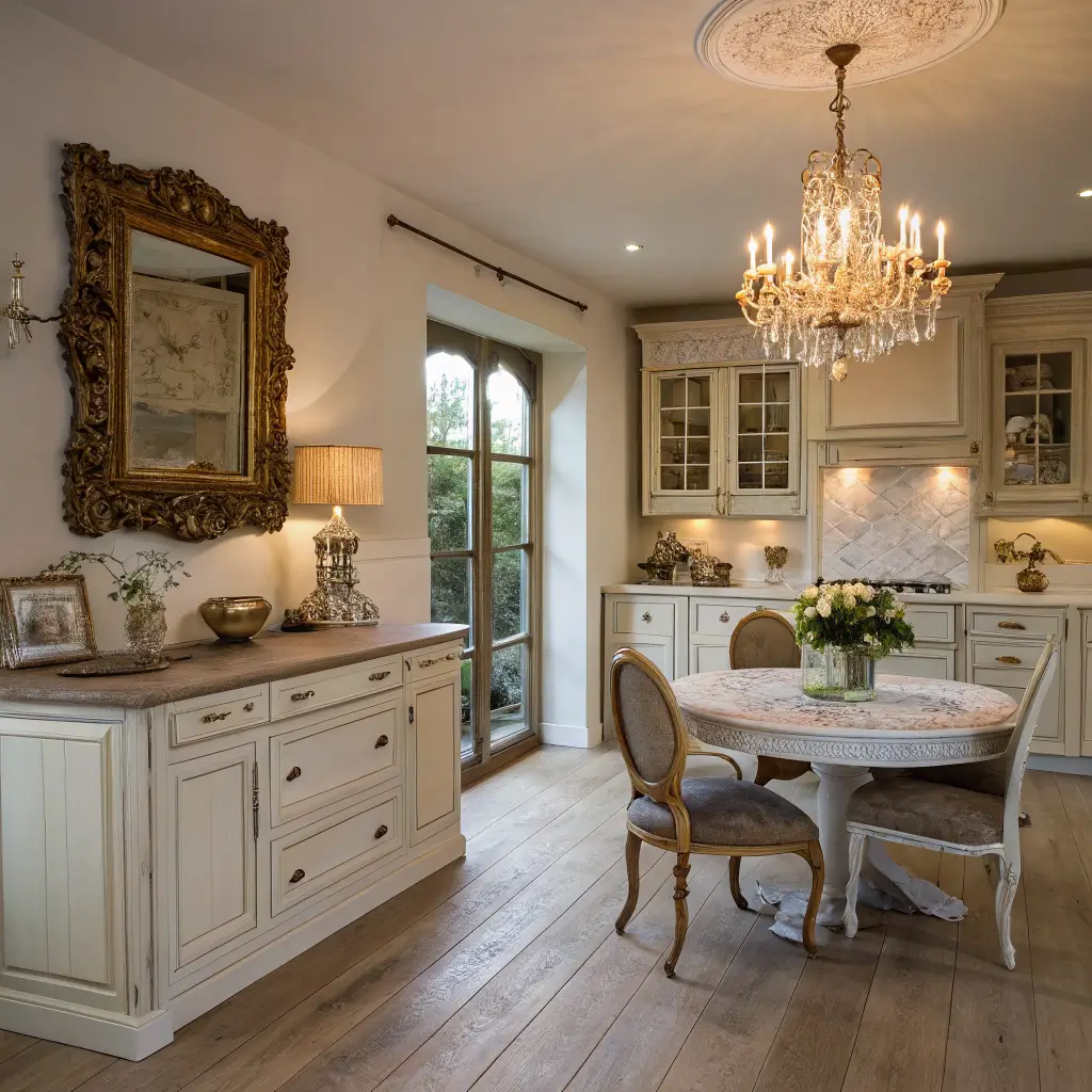 Photorealistic wide shot of a shabby chic French country kitchen at blue hour, with crystal chandelier over round oak table, cream cabinets, oyster sideboard with gilded mirror, and warm mixed lighting.
