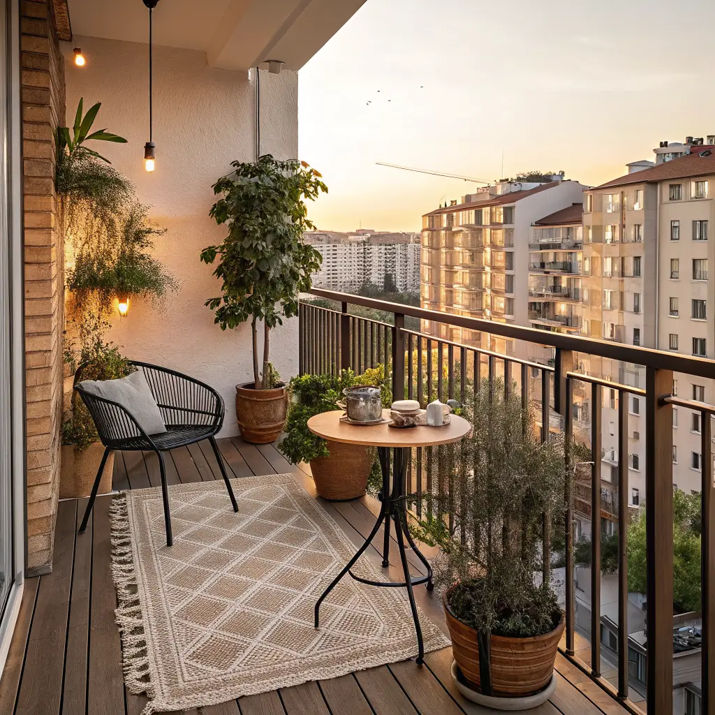 Photorealistic narrow apartment balcony styled like a cozy urban café with acacia deck tiles, jute rug, black bistro chair and railing table, olive tree planter, terracotta plants, and Edison string lights in warm golden-hour light.