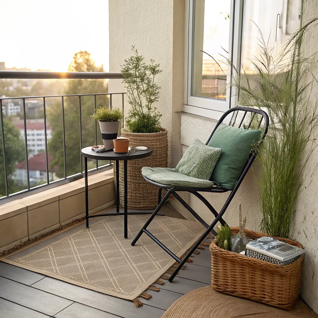 Close-up of a modern boho–Scandi balcony corner with black bistro chair, sage cushion, acacia side table with coffee and rosemary, seagrass basket, and olive planter in warm morning light.
