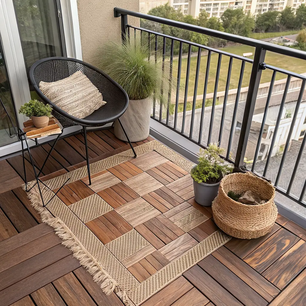 Overhead flat-lay of a 3x8 rental balcony with acacia interlocking deck tiles, a cream-and-taupe woven rug, partial black bistro chair leg, and staged terracotta pot, matte black planter, and seagrass basket in soft daylight.