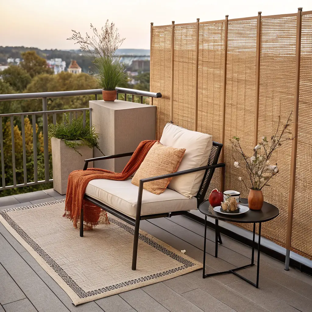 Photorealistic rental balcony vignette with a matte black lounge chair, cream cushion, burnt orange throw, acacia tiles, small hook table with mug and eucalyptus, and bamboo privacy screen in warm late-afternoon light.