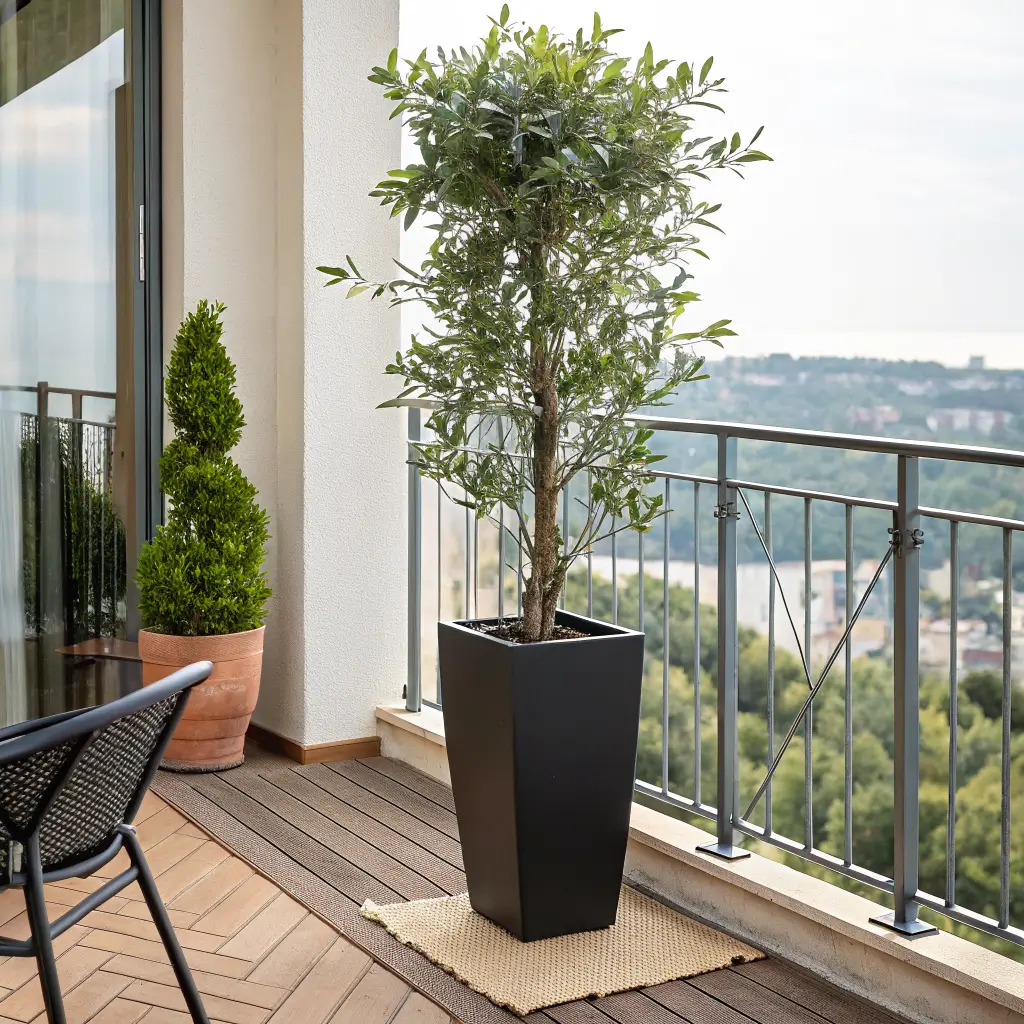 Low-angle midday photo of a 4-foot olive tree in a matte black planter on a small rental balcony with acacia deck tiles, basil in a terracotta pot, and a partially cropped black bistro chair against a blurred parking lot and blue sky.