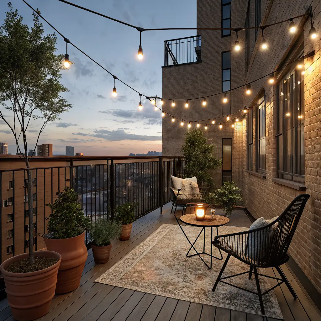 Photorealistic dusk view of a small urban rental balcony with warm Edison string lights, black bistro chair with sage cushion and burnt orange throw, acacia tiles and railing table with a lit candle, olive tree and terracotta herb pots against a deep blue twilight sky.