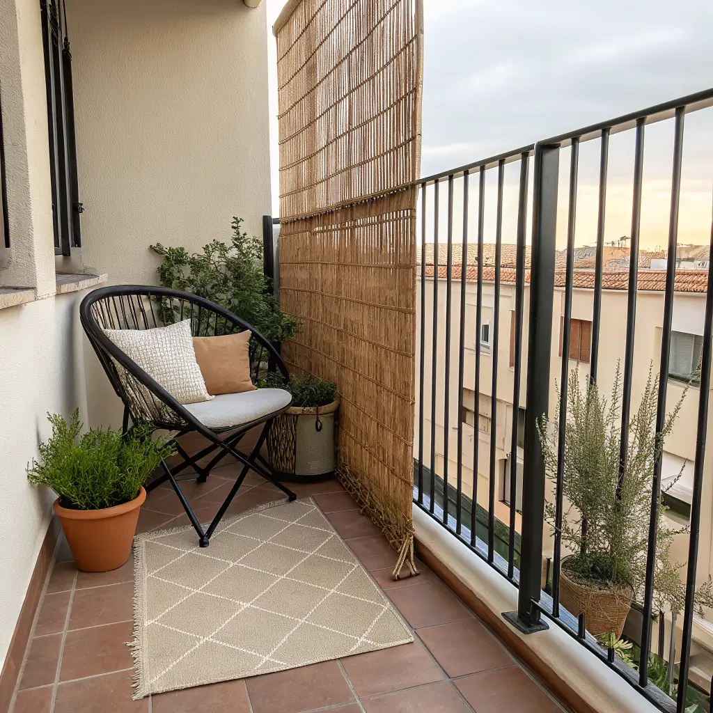 Bamboo reed privacy screen zip-tied to a black balcony railing, contrasting with an open side over acacia deck tiles, beige rug, black bistro chair, rosemary pot, and trailing plant in warm late-morning light.