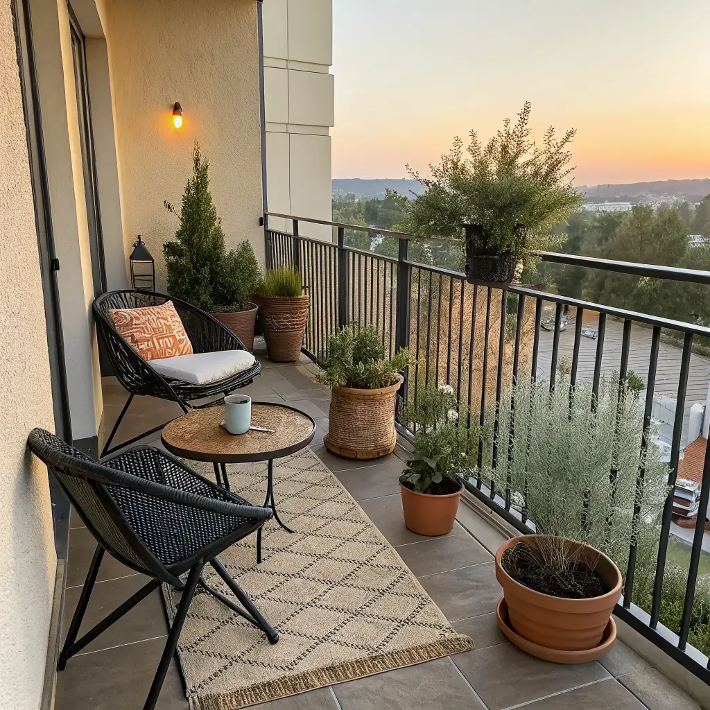 Wide golden-hour shot of a small rental balcony with a black bistro chair and rug on the left and an olive tree with terracotta herb pots and trailing string of pearls on the right, separated by an open gap.