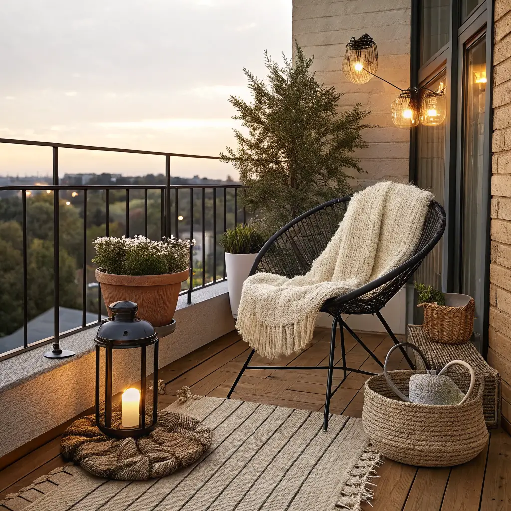 Photorealistic fall/winter rental balcony with acacia tiles, beige rug, black bistro chair with sheepskin and cream knit throw, lantern and mug on railing table, terracotta boxwood and olive tree, and softly glowing string lights.
