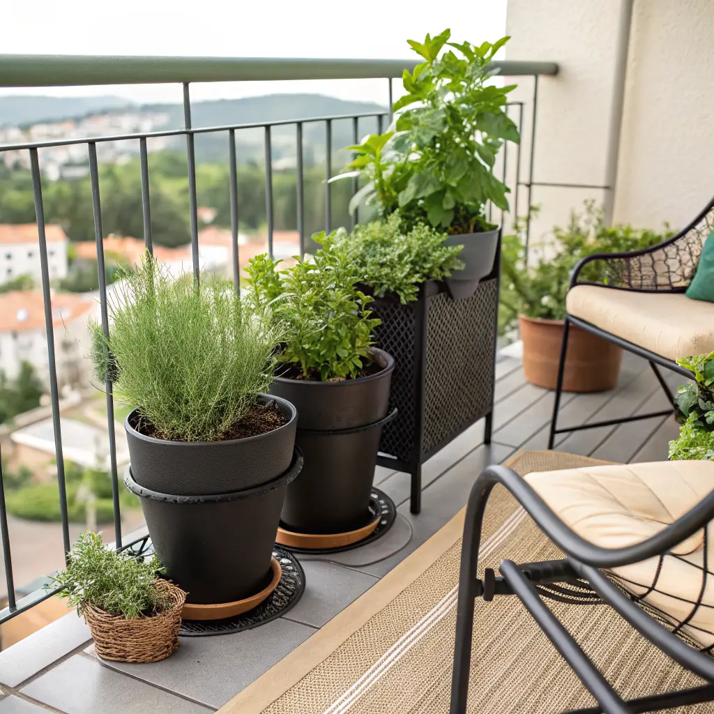 Clustered rosemary, basil, and trailing mint in matte black and terracotta pots on a balcony railing with bistro chair and seagrass basket in soft midday light.