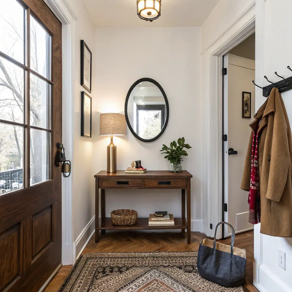 Small apartment entry opening into a warm living room with a slim walnut console, round black-framed mirror, glowing brass lamp, keys dish, oatmeal runner, and peg rail with coat and tote in golden-hour light.