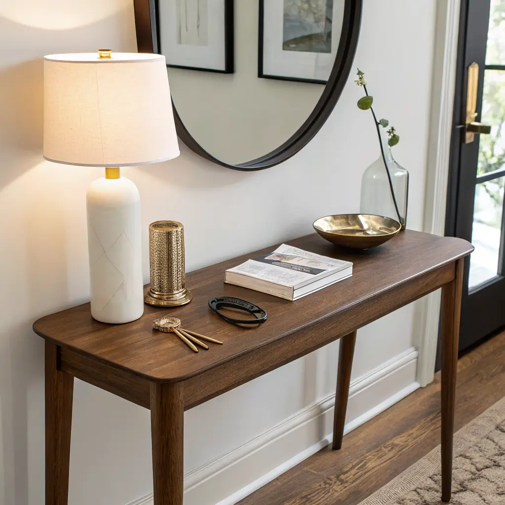 Close-up of a slim walnut console in a Scandinavian entryway with a glowing ivory lamp, brass key dish with receipt, and pothos cutting in a glass vase beneath a black-framed round mirror.