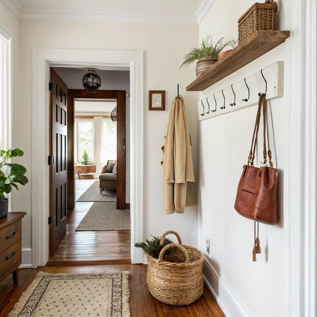 Narrow rental hallway with walnut peg rail holding coat, tote, and leash above a seagrass basket and white sneakers on an oatmeal runner, lit by soft morning light.