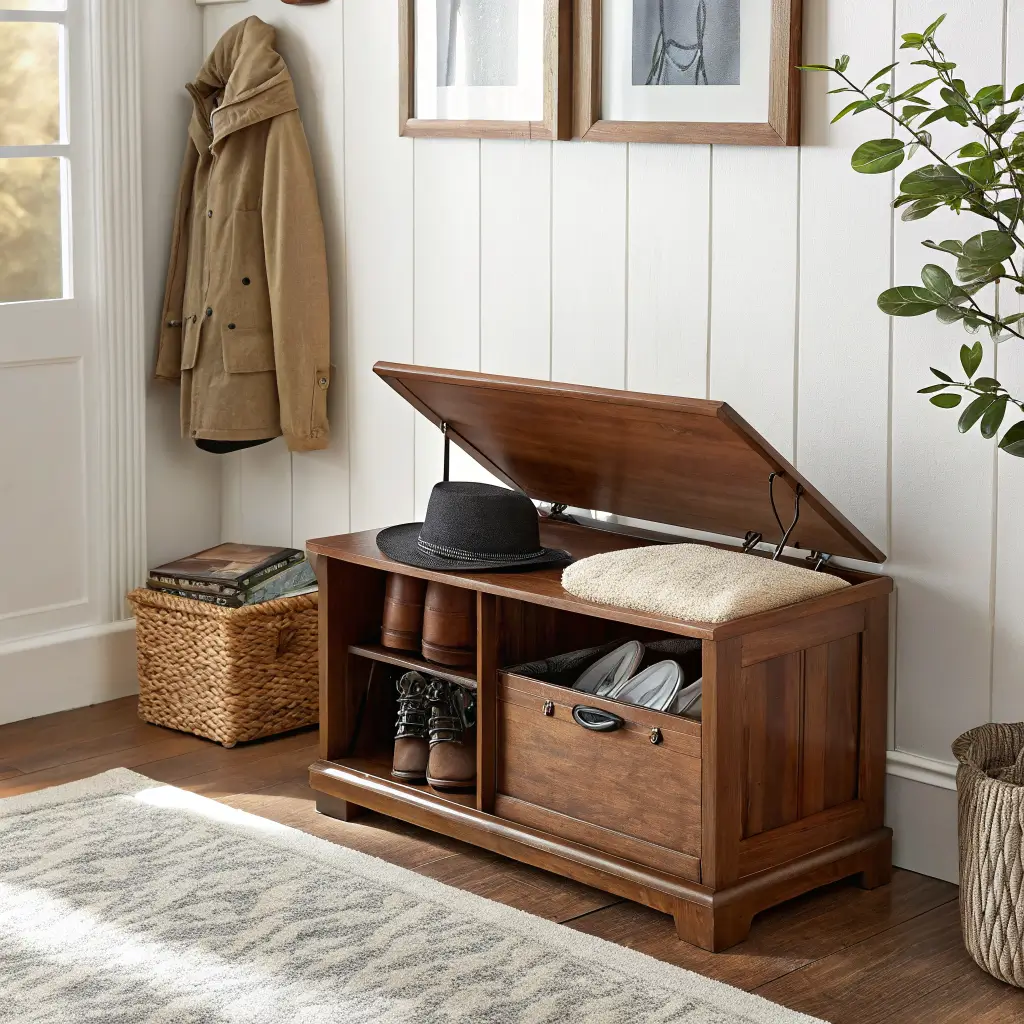Photorealistic compact entryway with walnut storage bench showing shoes inside, peg rail with linen jacket, woven slipper basket, matte black boot tray, and warm morning light.