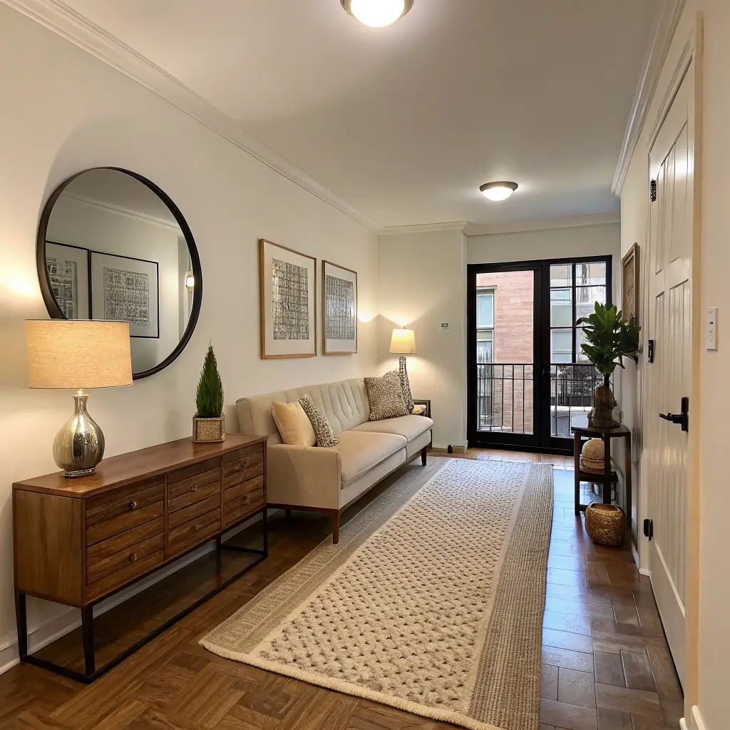 Wide-angle photo of a studio apartment entry opening into living room, with an oatmeal runner, walnut console, ivory bouclé sofa boundary, black round mirror, and brass lamp glowing at dusk.