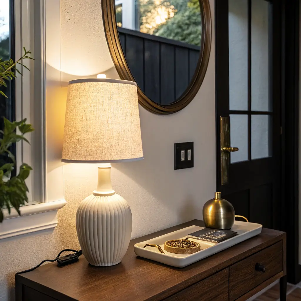 Warm dusk entryway with ivory pleated table lamp glowing on walnut console beside brass key tray, matte black plug-in sconce and round black mirror edge.