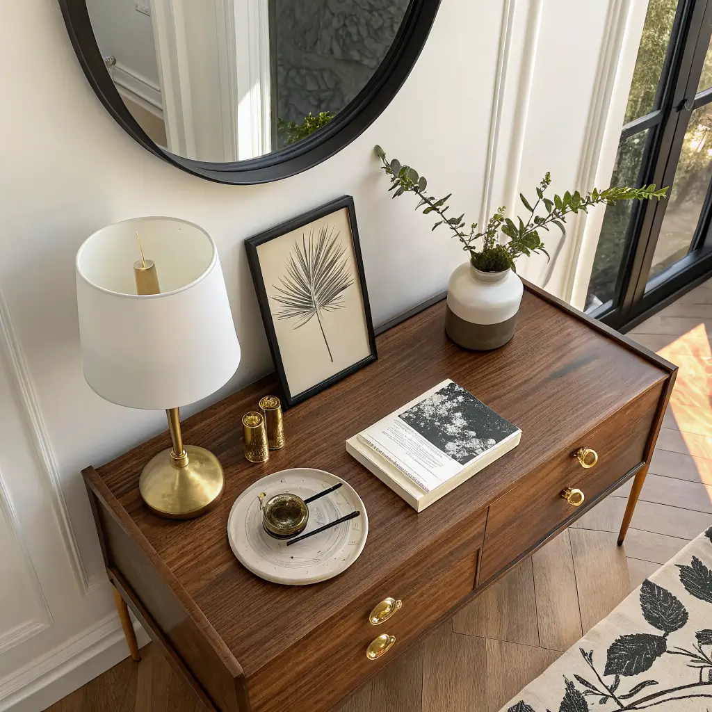 Overhead angled photo of a walnut console with brass key dish, ivory lamp, and framed black-and-white botanical print against a warm white wall, with a partial matte black round mirror above in soft late-afternoon light.