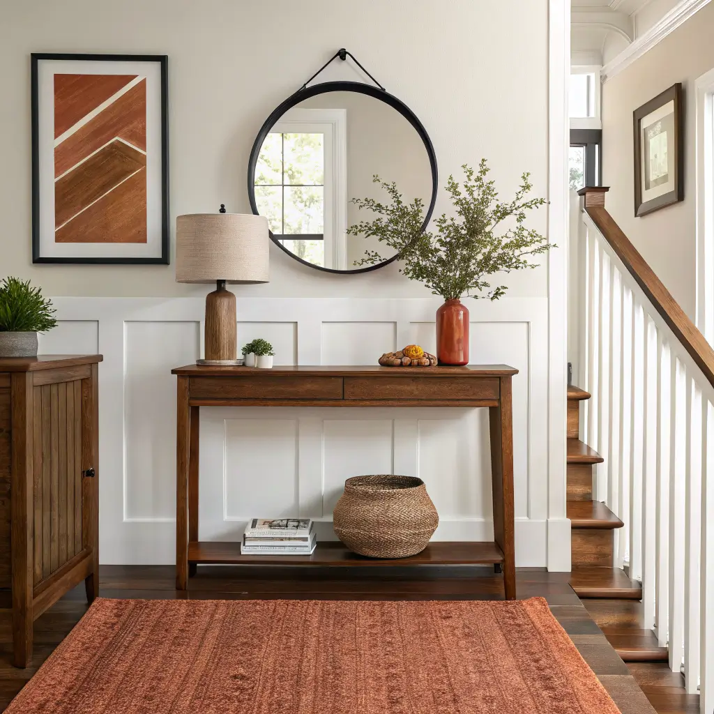 Photorealistic autumn entryway with walnut console, black round mirror, rust wool runner, dried eucalyptus vase, warm abstract art, and brass lamp under soft overcast light.