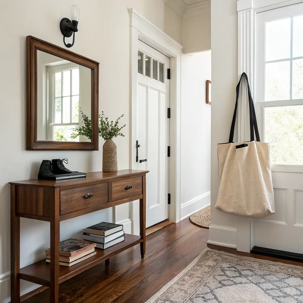 Photorealistic small entryway with walnut console and mirror on the left, an oatmeal runner on the floor, and a bare warm white wall on the right with a matte black hook holding a natural canvas tote in soft morning light.