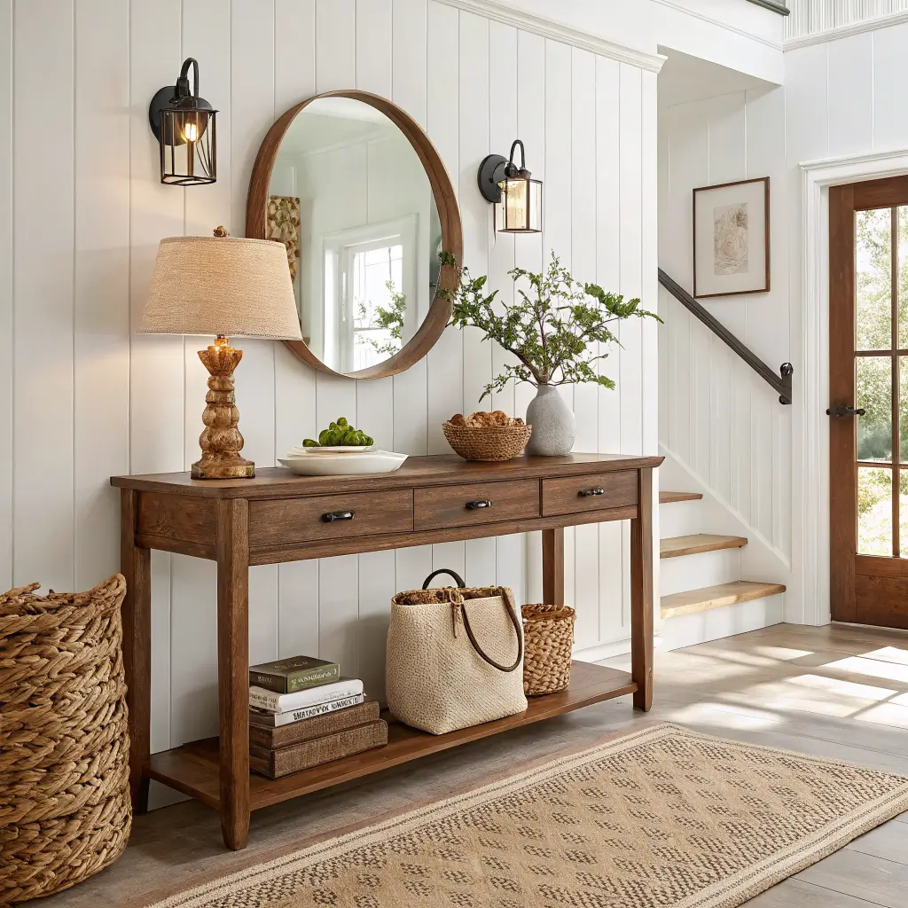 Coastal-boho entryway with walnut console, jute runner, aged brass hooks and round mirror, rattan lamp glowing beside a cream ceramic dish, linen tote, and trailing pothos in terracotta in soft late-morning light.