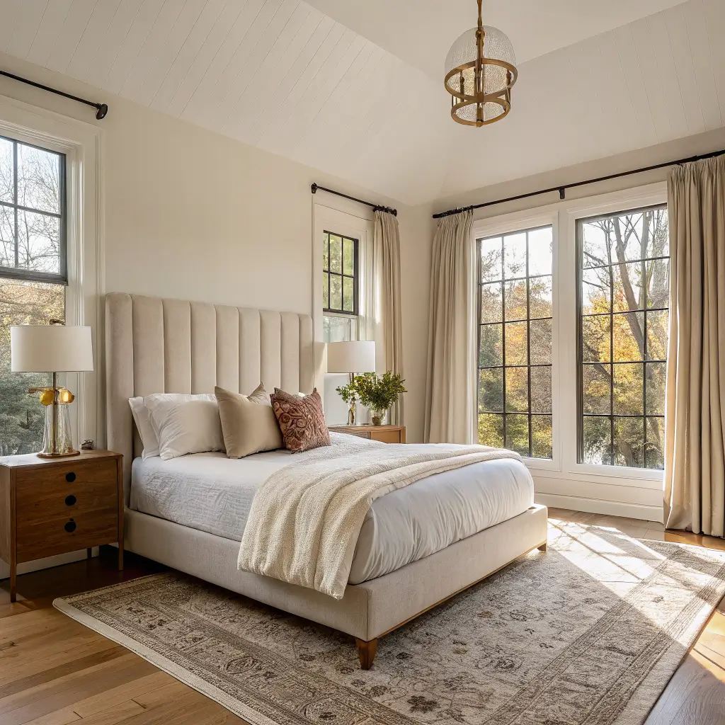 Golden-hour wide-angle view of a serene small bedroom with an oak platform bed, ivory tufted headboard, layered white bedding, brass sconces and floor mirror, oat linen curtains, and a muted wool rug.