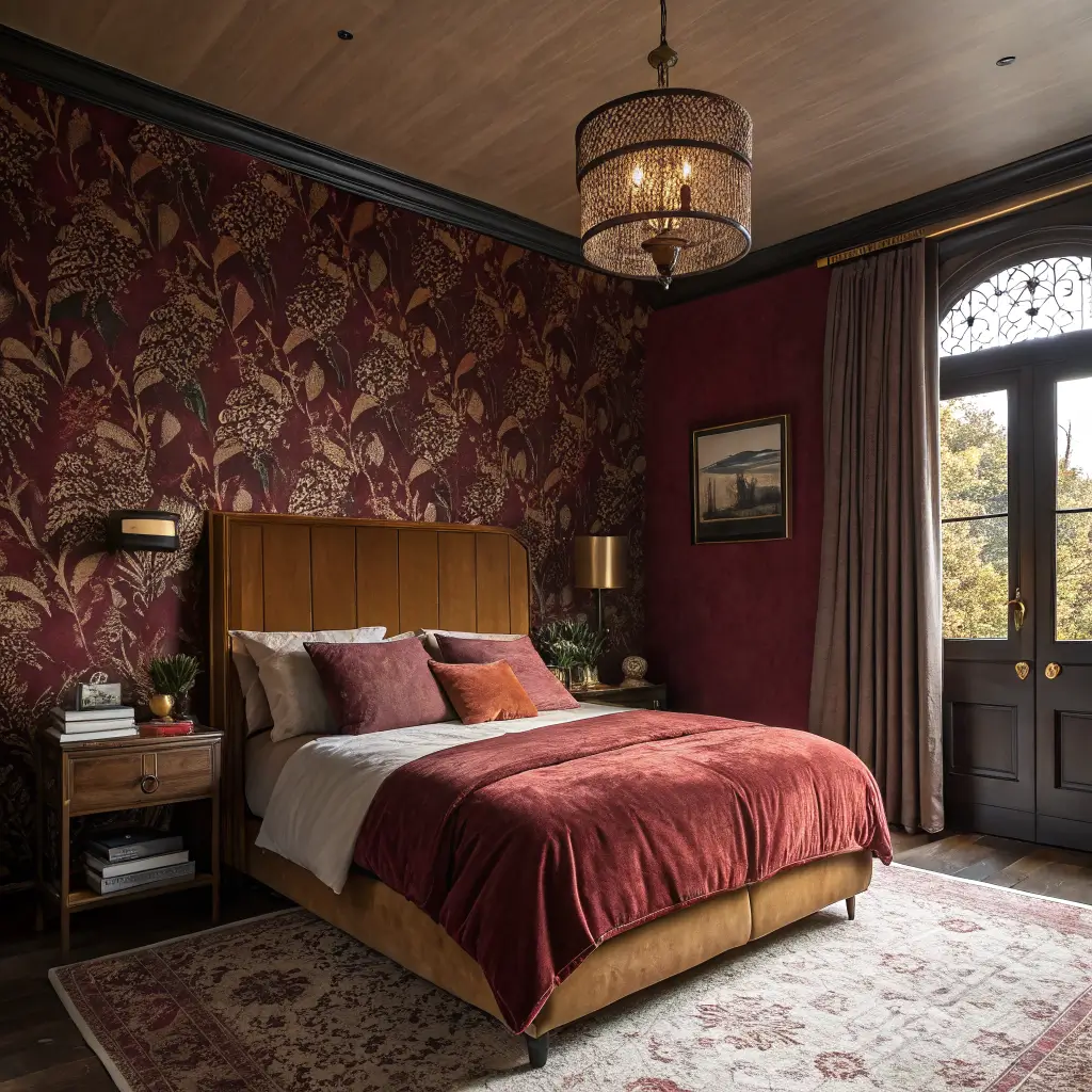 Moody dusk-lit bedroom with oxblood botanical wallpaper on walls and ceiling, walnut bed with cognac velvet headboard, burgundy bedding, brass pendant, glowing lamp on floating shelf, bordeaux curtains, and red umber oriental rug.