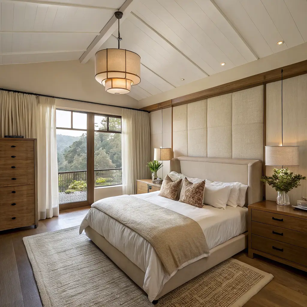 Photorealistic small 10x10 bedroom with oat boucle queen storage bed, arched ivory headboard, brass swing-arm sconces, layered neutral bedding, oak floating shelf with vase, and soft overcast light through sheer linen curtains.