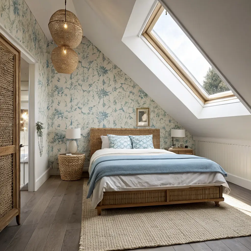 Photorealistic narrow attic bedroom with pitched ceilings, pale blue linen bed against chinoiserie wallpaper, rattan headboard, brass plug-in sconces, leaning black-framed floor mirror, walnut wall nightstand, oat flatweave rug, and ivory curtains in slanting skylight.