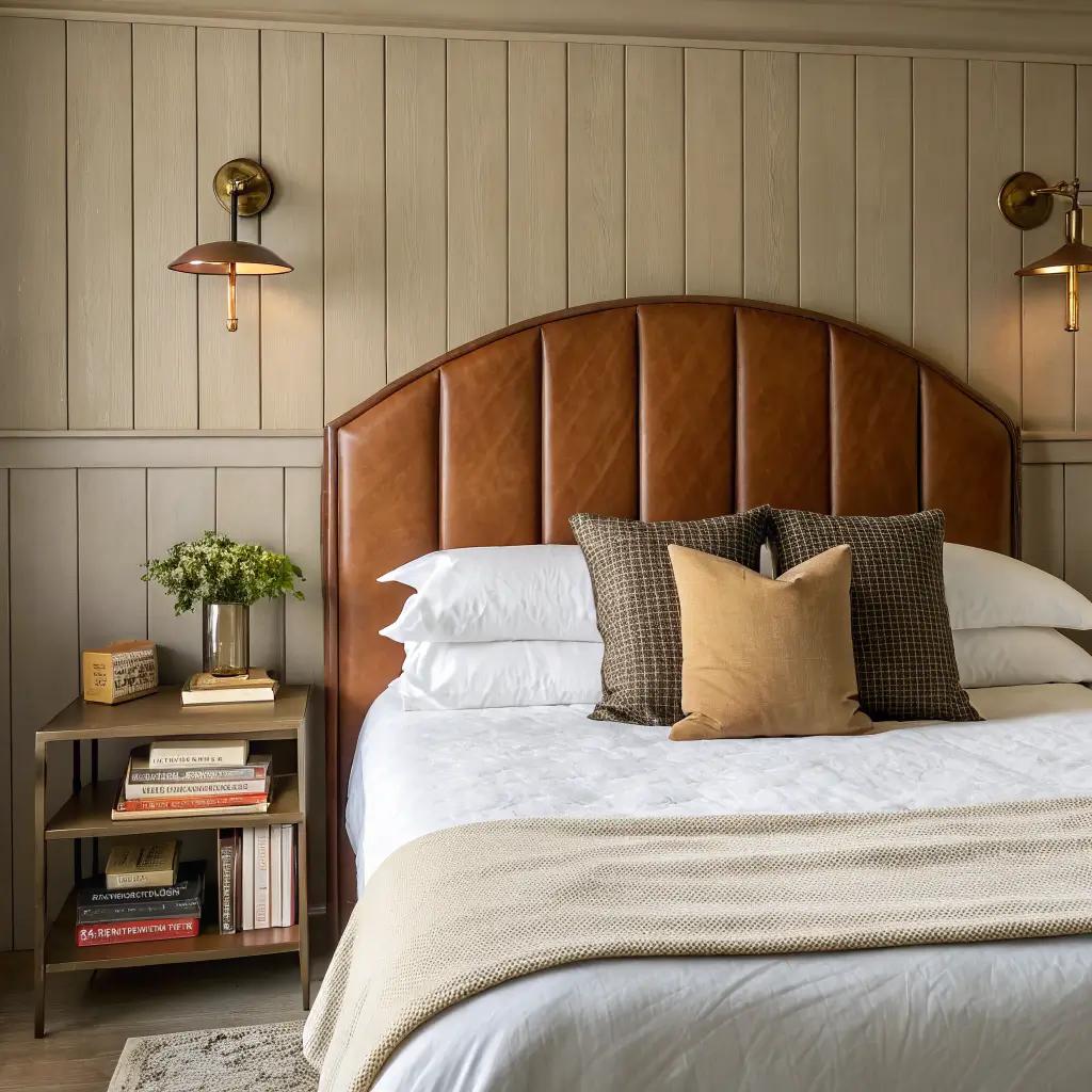 Close-up straight-on view of a small bedroom bed wall with mushroom-painted oak paneling, arched cognac leather headboard, brass wall sconces, layered ivory and oat linens, and a walnut shelf with books in warm afternoon light.